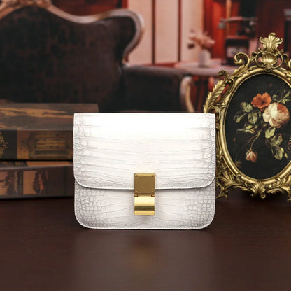 Crocodile Leather Square Shoulder Bag for Women – White