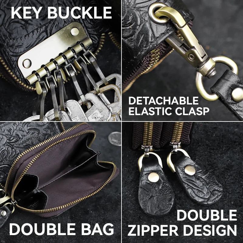 Genuine Leather Key Organizer Wallet – Floral Embossed Zipper Pouch with Wrist Strap