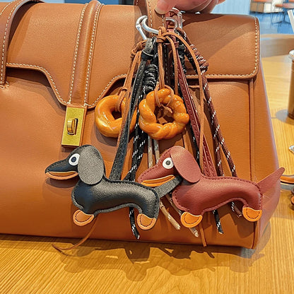 Dachshund Leather Keychain Bag Charm with Braided Rope