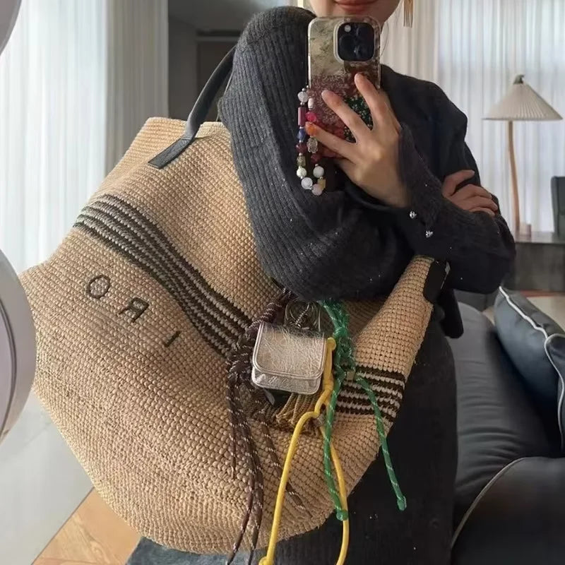 Large Woven Straw Tote Bag – Luxury PU Leather Handle Beach Bag