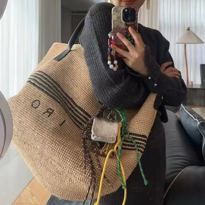 Large Woven Straw Tote Bag – Luxury PU Leather Handle Beach Bag
