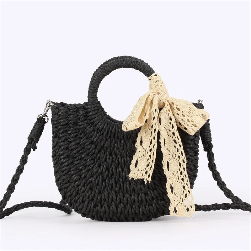 Moon Shape Straw Bag for Women – Woven Rattan Tote with Lace Bow