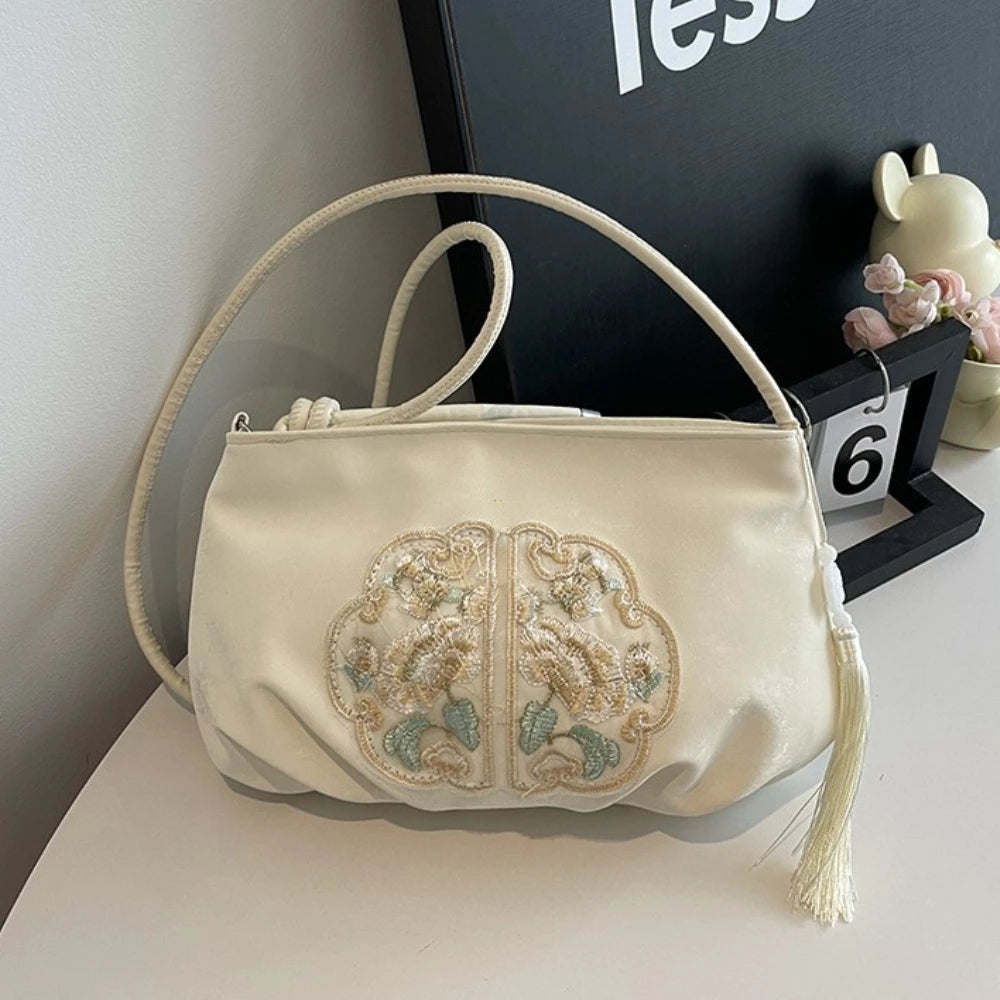 Chinese Embroidery Tote Bag – Soft Satchel with Tassel & Rope Handle