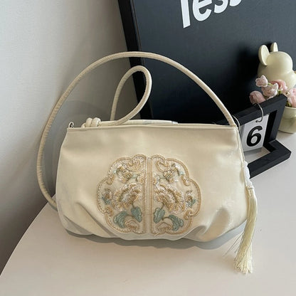 Chinese Embroidery Tote Bag – Soft Satchel with Tassel & Rope Handle
