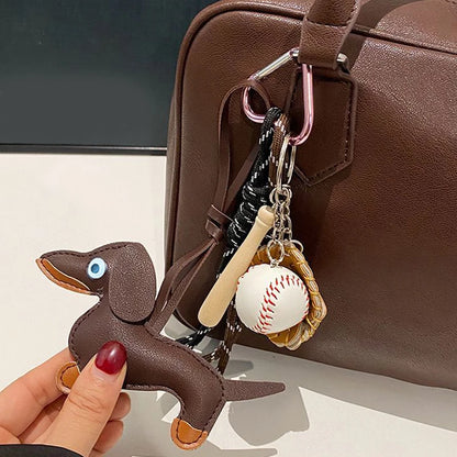 Dachshund Leather Keychain with Baseball Charms & Braided Rope