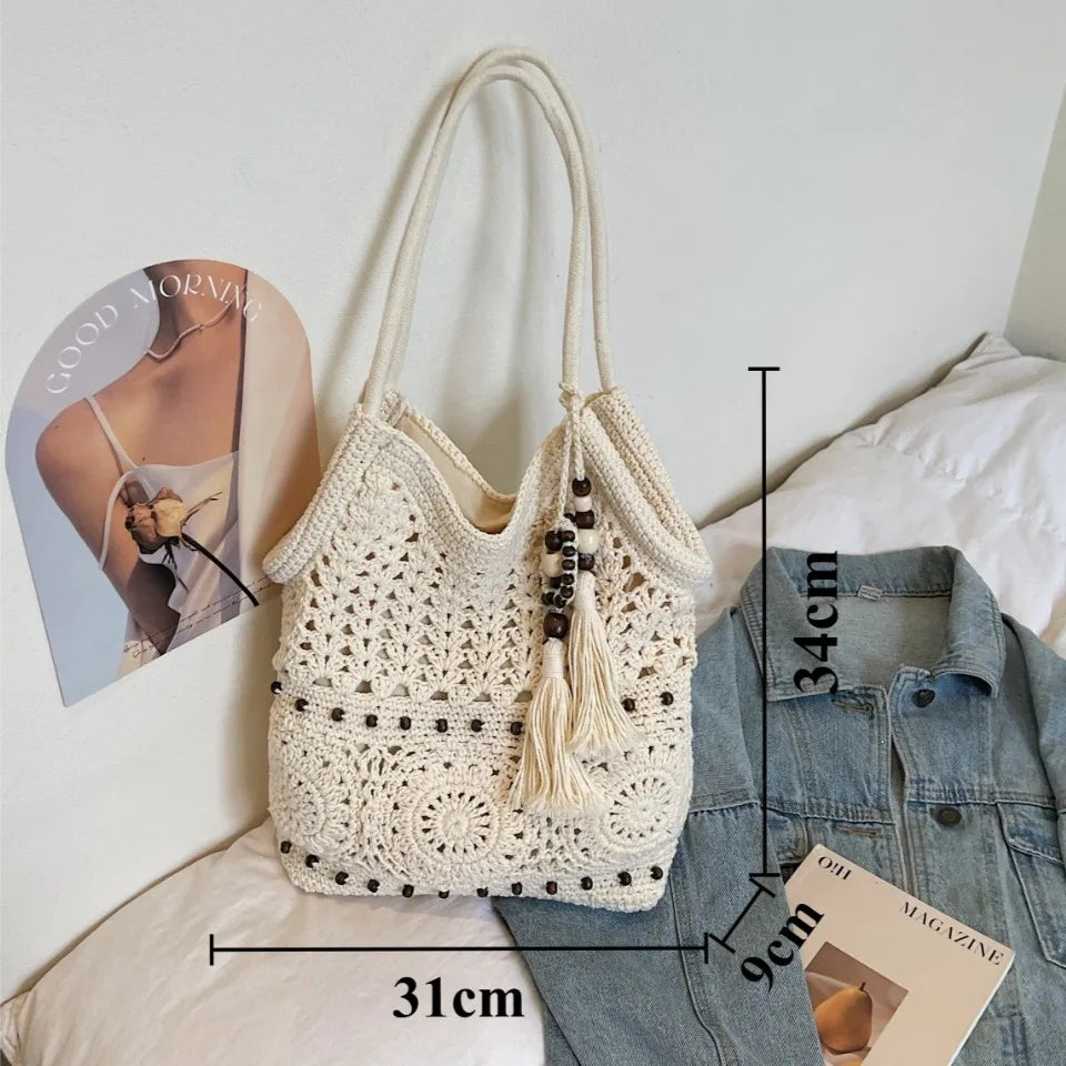 Boho Crochet Tote Bag with Bead & Tassel Charm