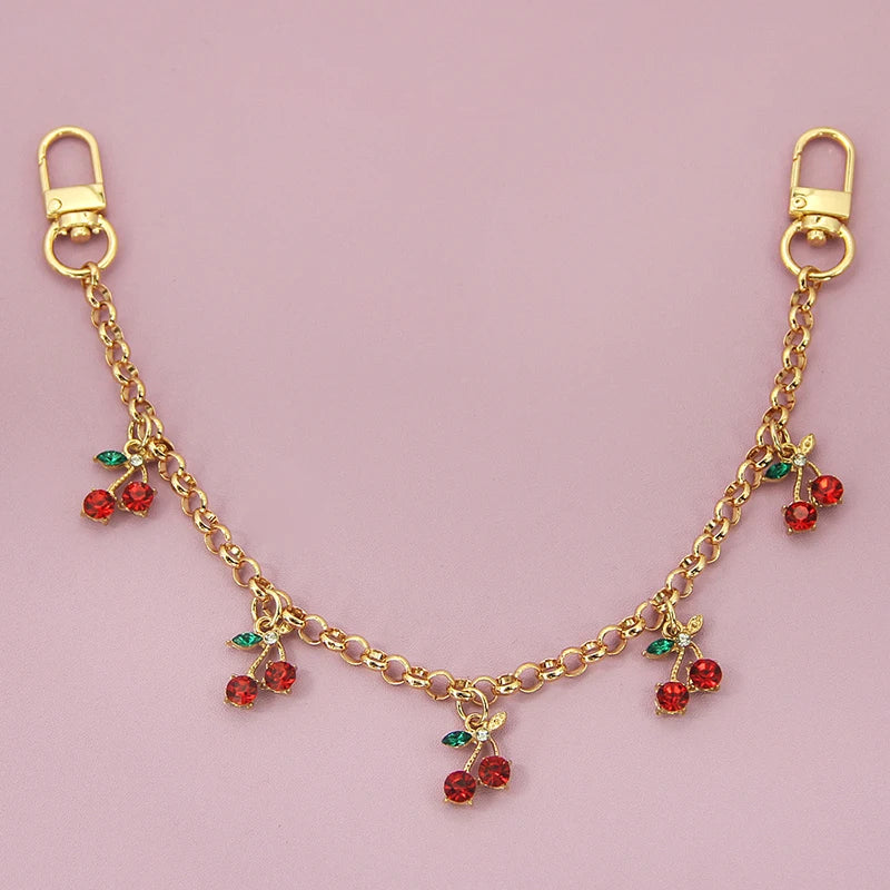 Crystal Cherry Bag Charm Chain with Dual Gold Clips