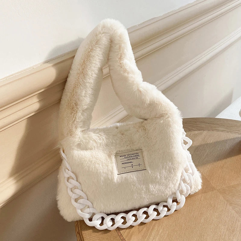 Soft Plush Shoulder Bags Women 2022 Winter Luxury Designer Handbag Thick Chain Fluffy Hand Warmers