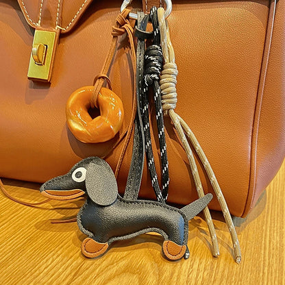 Dachshund Leather Keychain Bag Charm with Braided Rope