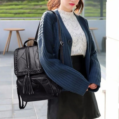 Women's PU Leather Backpack – Waterproof Tassel Travel Shoulder Bag