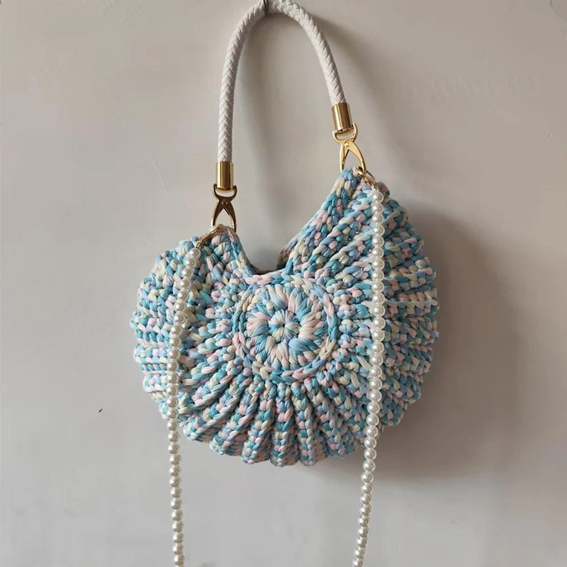 Crochet Conch Shoulder Bag with Pearl Chain – Handmade Woven Bag