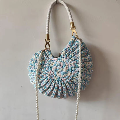 Crochet Conch Shoulder Bag with Pearl Chain – Handmade Woven Bag