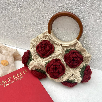 Original Design Women Shoulder Bag Yarn Crochet Handmade Flower Casual Tote Lady Shopping Handbag