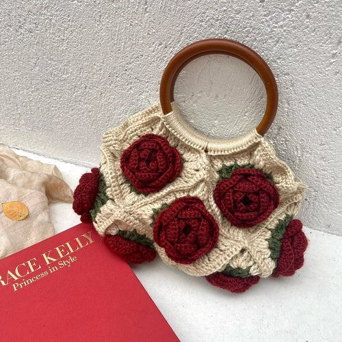 Original Design Women Shoulder Bag Yarn Crochet Handmade Flower Casual Tote Lady Shopping Handbag