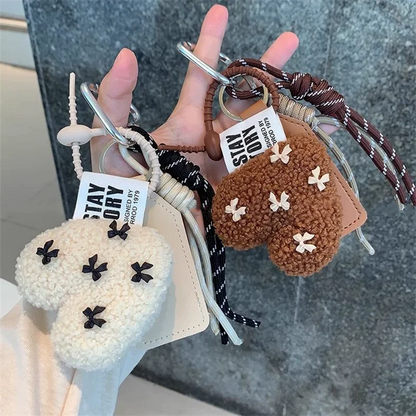 Plush Heart Keychain – Cute Lamb Wool Braided Rope Handmade Pendant