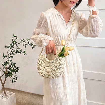 Moods Straw Handbags Women 2023 Mini Summer Beach Rattan Shoulder Bag Round Handle Handmade