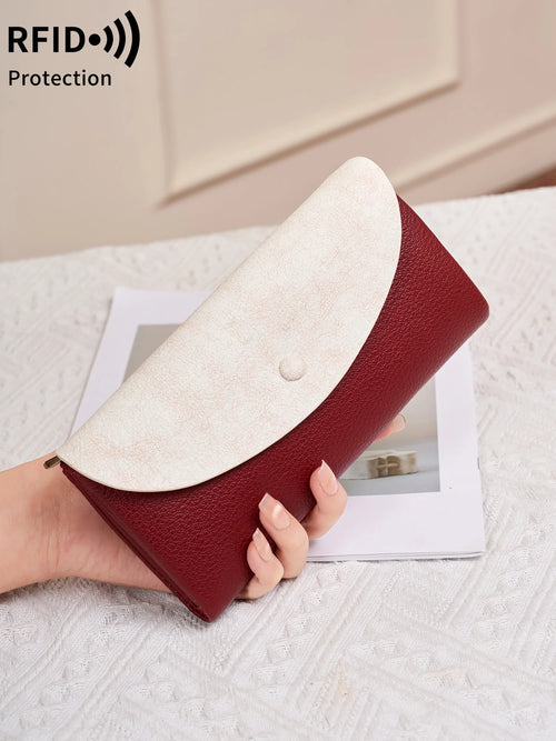 RFID Blocking Women's Wallet – Contrast Color Lychee Pattern Double Zipper Purse