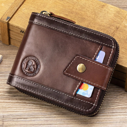 Men's Leather Zipper Wallet with Coin Purse & Card Slots
