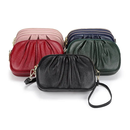 Genuine Leather Crossbody Bag – Multi-Zip Cowhide Shoulder Bag for Women