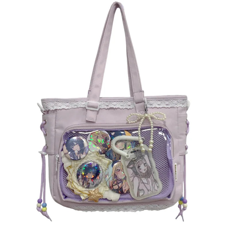 Anime Ribbon Shoulder Bag Large Capacity Cute Soft Girl Tote Handle Comfortable Versatile Texture
