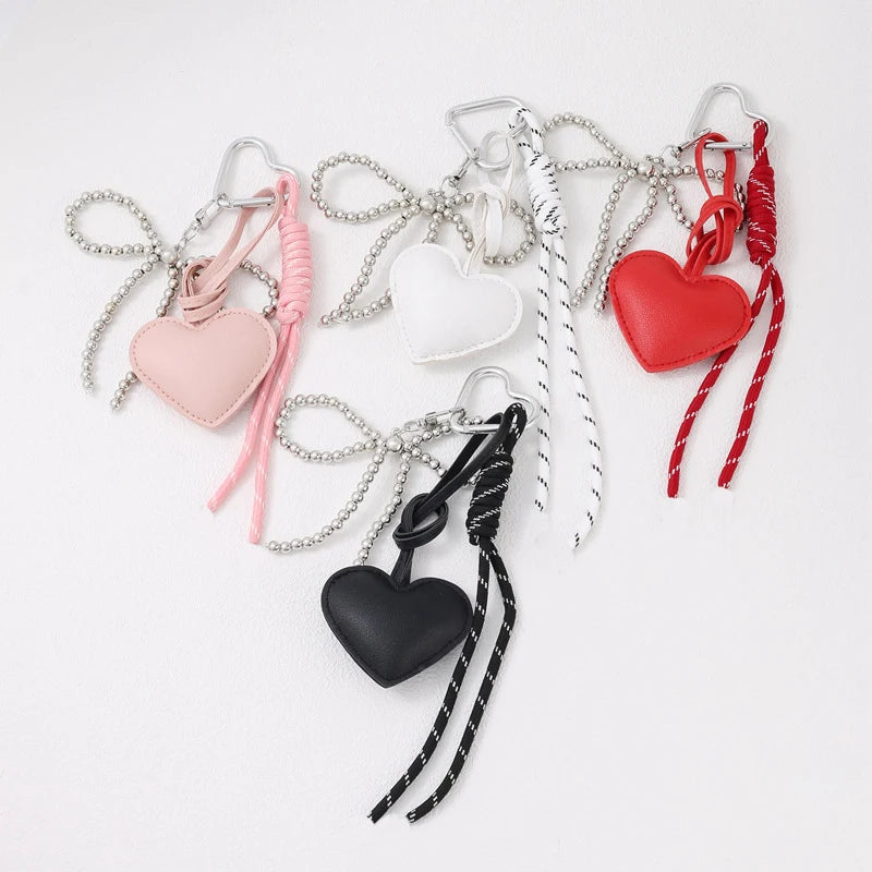 Heart Leather Rope Keychain Bag Charm with Bead Bow
