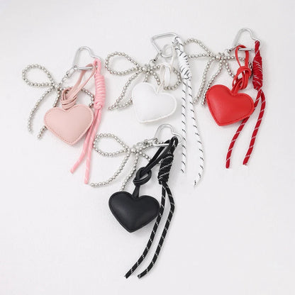 Heart Leather Rope Keychain Bag Charm with Bead Bow