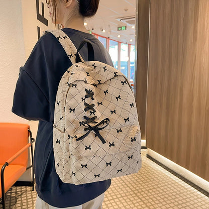 Corduroy Bow Print Backpack for Women – Large Laptop School Bag