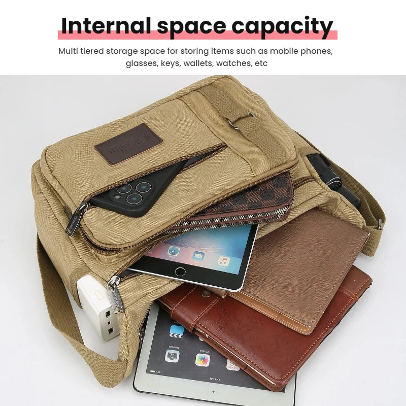 Men's Canvas Crossbody Bag – Multi-Pocket Travel Messenger