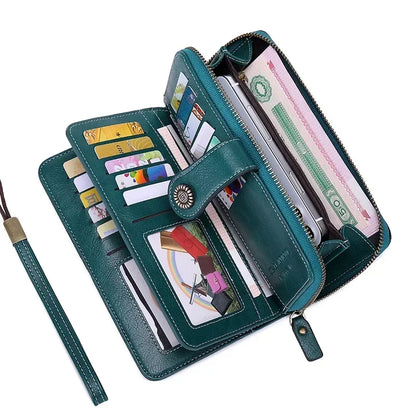 RFID Blocking Women's Leather Wallet – Large Zipper Clutch with 23 Card Slots