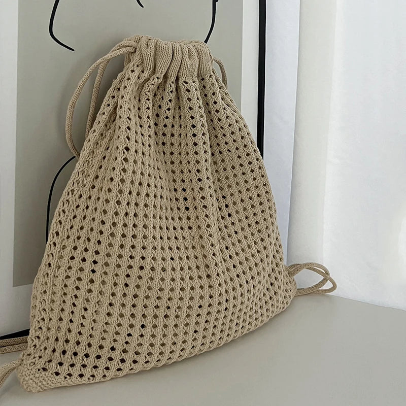 Bohemian Crochet Drawstring Backpack – Large Capacity Woven Bag