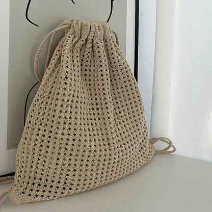 Bohemian Crochet Drawstring Backpack – Large Capacity Woven Bag