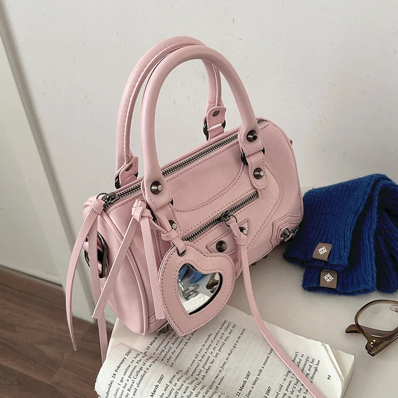 Mini Leather Cylinder Bag – Rivet Crossbody Handbag for Women