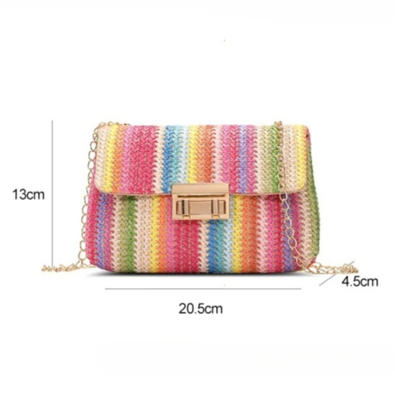 Rainbow Stripe Straw Crossbody Bag for Women – Chain Flap Handbag