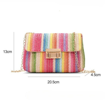 Rainbow Stripe Straw Crossbody Bag for Women – Chain Flap Handbag