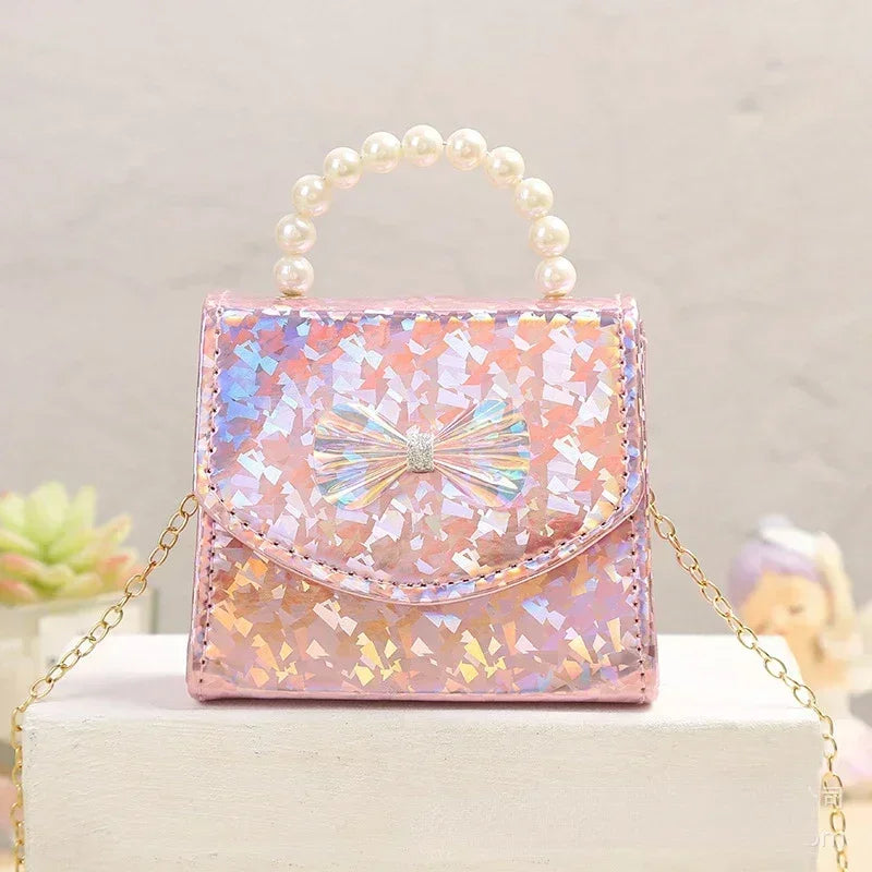 Cute Mini Girls Crossbody Bag – Glitter Bow Purse with Pearl Handle