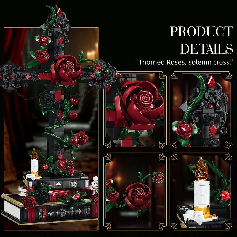 Gothic Rose Cross MOC Building Blocks Set – 1349pcs Floral Display