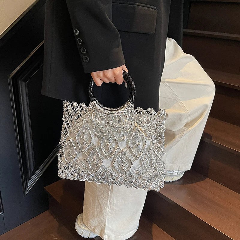 Woven Hollow Handbag – Luxury Metallic Mesh Top Handle Bag