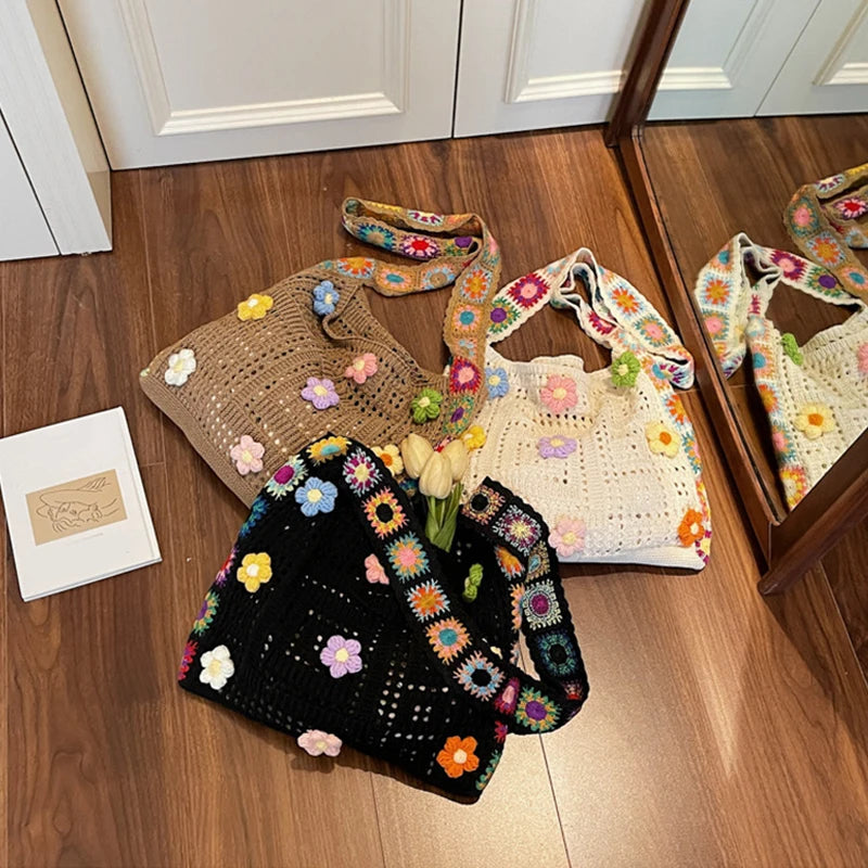 Crochet Flower Tote Bag – Large Capacity Knit Shoulder Bag
