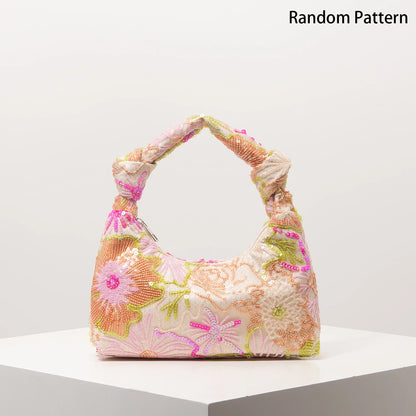 Floral Sequin Hobo Bag – Embroidery Knotted Handle Shoulder Purse