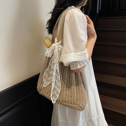 Lace Ribbon Woven Tote Bag – Bohemian Beach Shoulder Bag