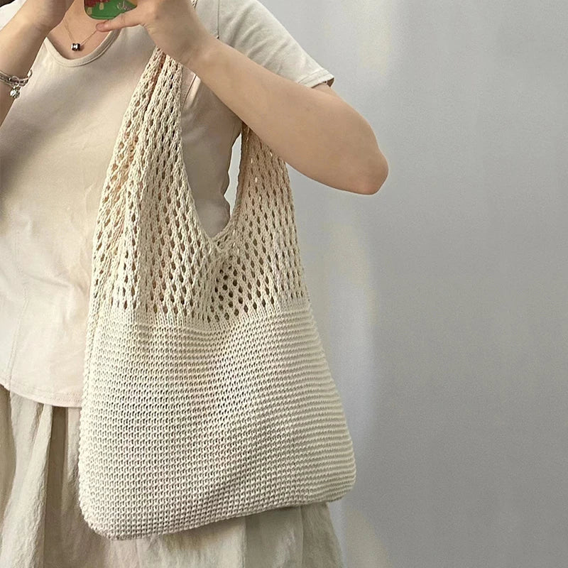 Hollow Knit Shoulder Tote Bag for Women – Large Capacity