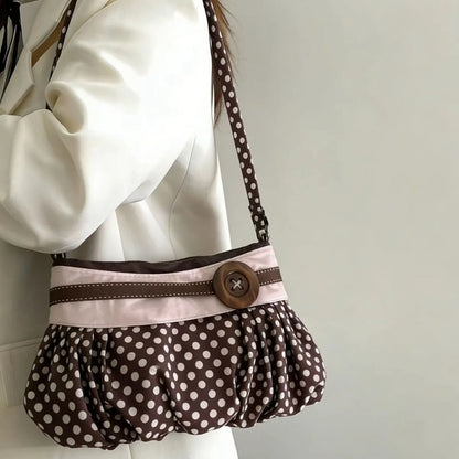 Pleated Dumpling Bag – Retro Wooden Button Shoulder Handbag