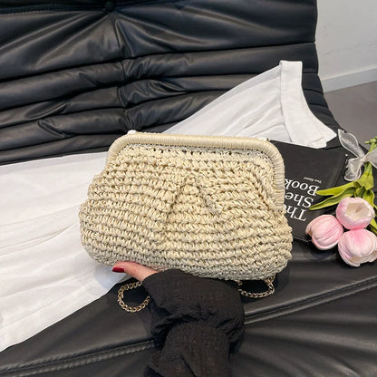 Straw Woven Pillow Clutch Bag – Gold Chain Shoulder Bag Women