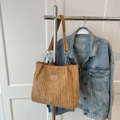 Corduroy Shoulder Tote Bag for Women – Large Cotton Handbag