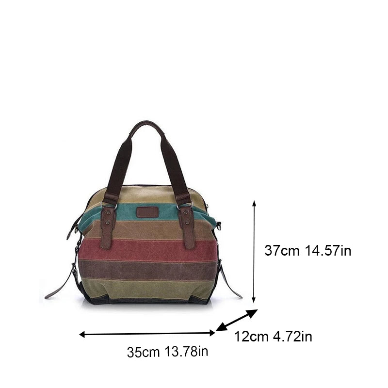 Rainbow Striped Canvas Shoulder Bag – Women's Patchwork Crossbody Tote