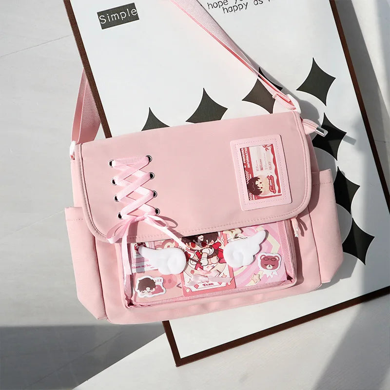 Canvas Crossbody Bag Kawaii Lace-Up Flap Shoulder Bag with Card Display