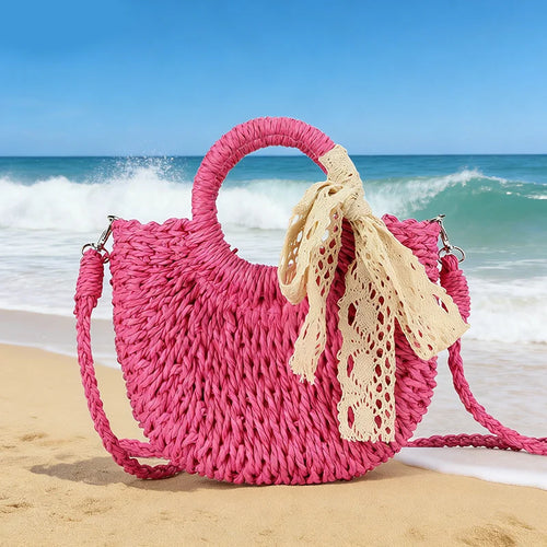 Moon Shape Straw Bag for Women – Woven Rattan Tote with Lace Bow
