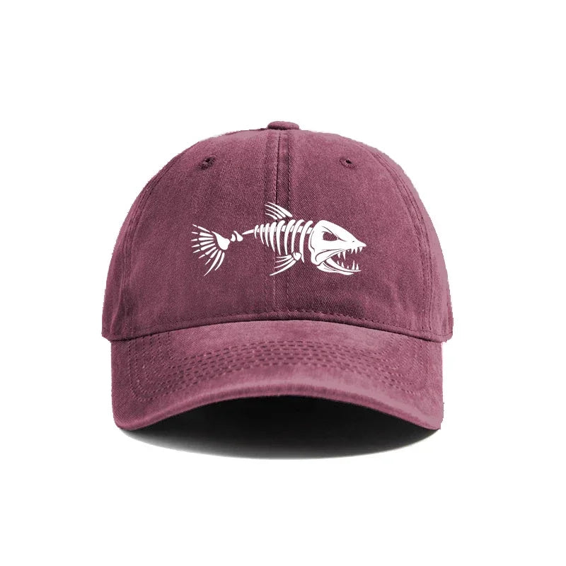 Fish Bone Baseball Cap Distressed Washed Cotton Fishing Hat