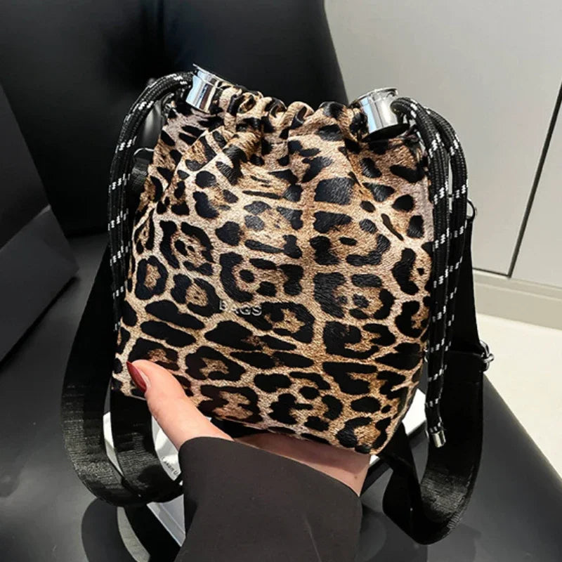 Leopard Print Mini Crossbody Bucket Bag for Women