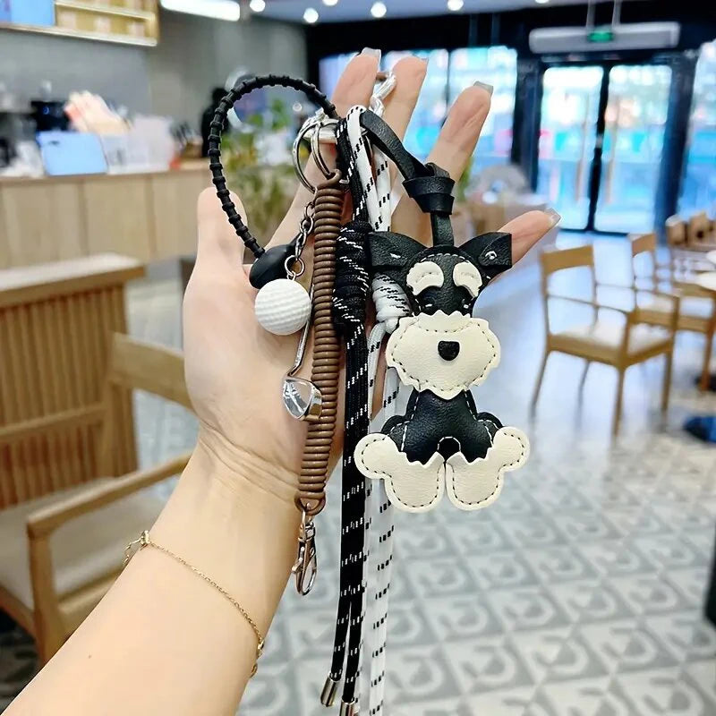 Schnauzer Bag Charm – Handmade Leather Dog Keychain with Baseball